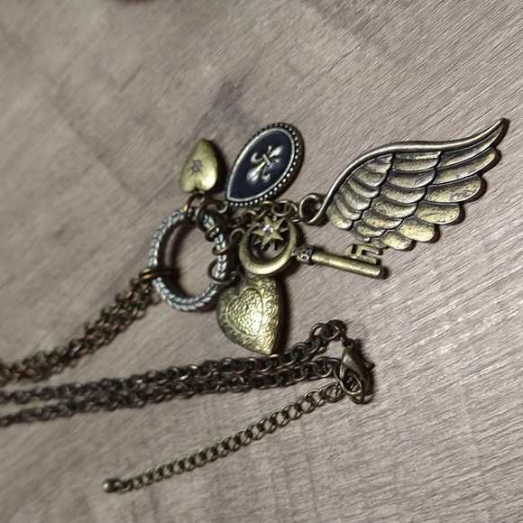 Distressed Fleur De Leis, Angel Wing, Key, 2 Heart Locket Necklaces - Picture 1 of 3